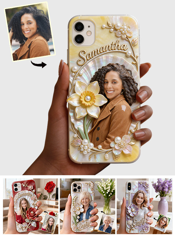 Personalisierte Handyhülle mit Geburtsmonatsblume und Foto – Selbstliebe-Motiv