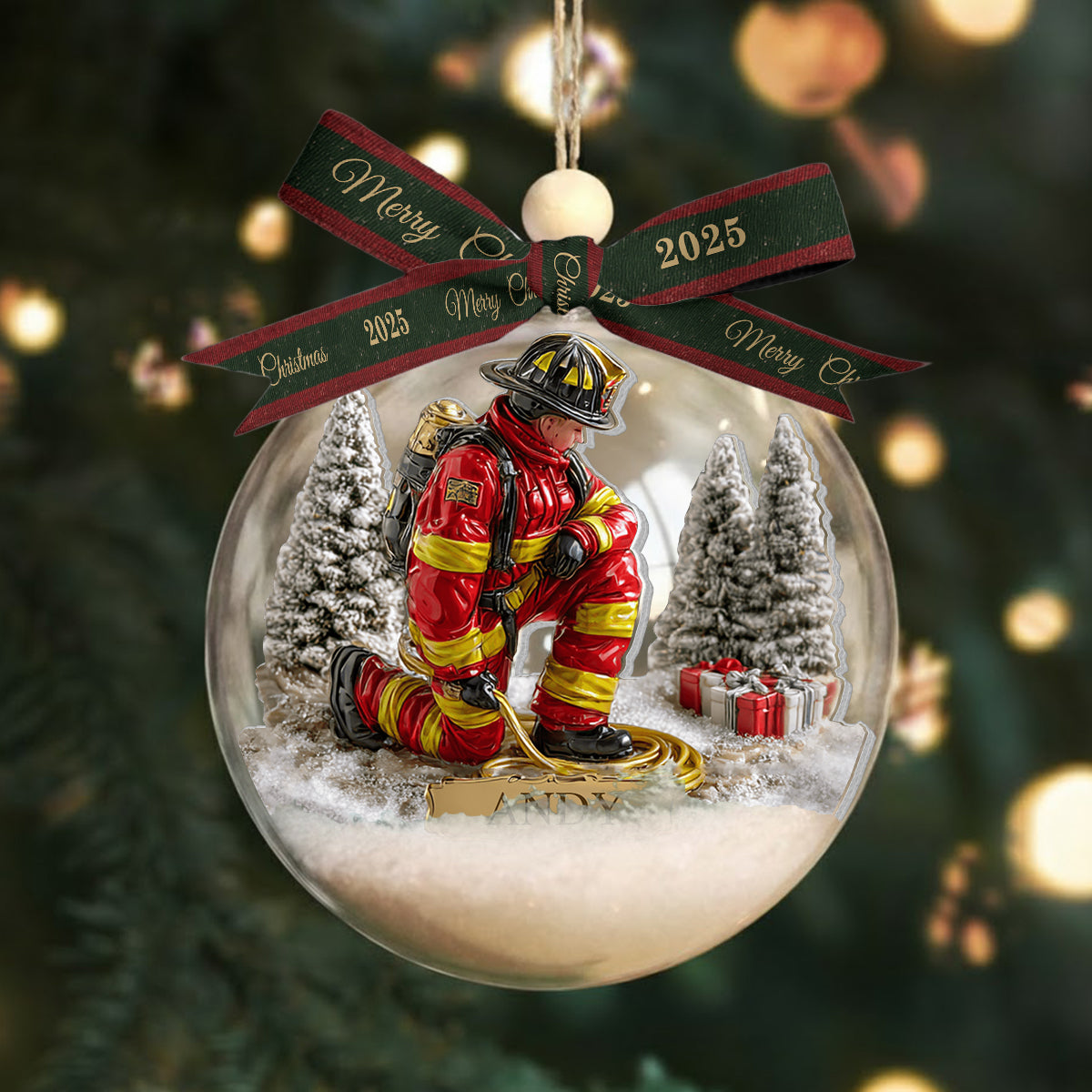 Proud Firefighter - Personalized Firefighter Snow Globe Ornament With Bow