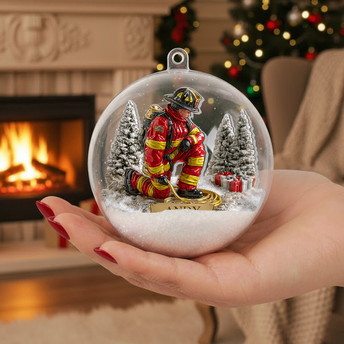 Proud Firefighter - Personalized Firefighter Snow Globe Ornament With Bow