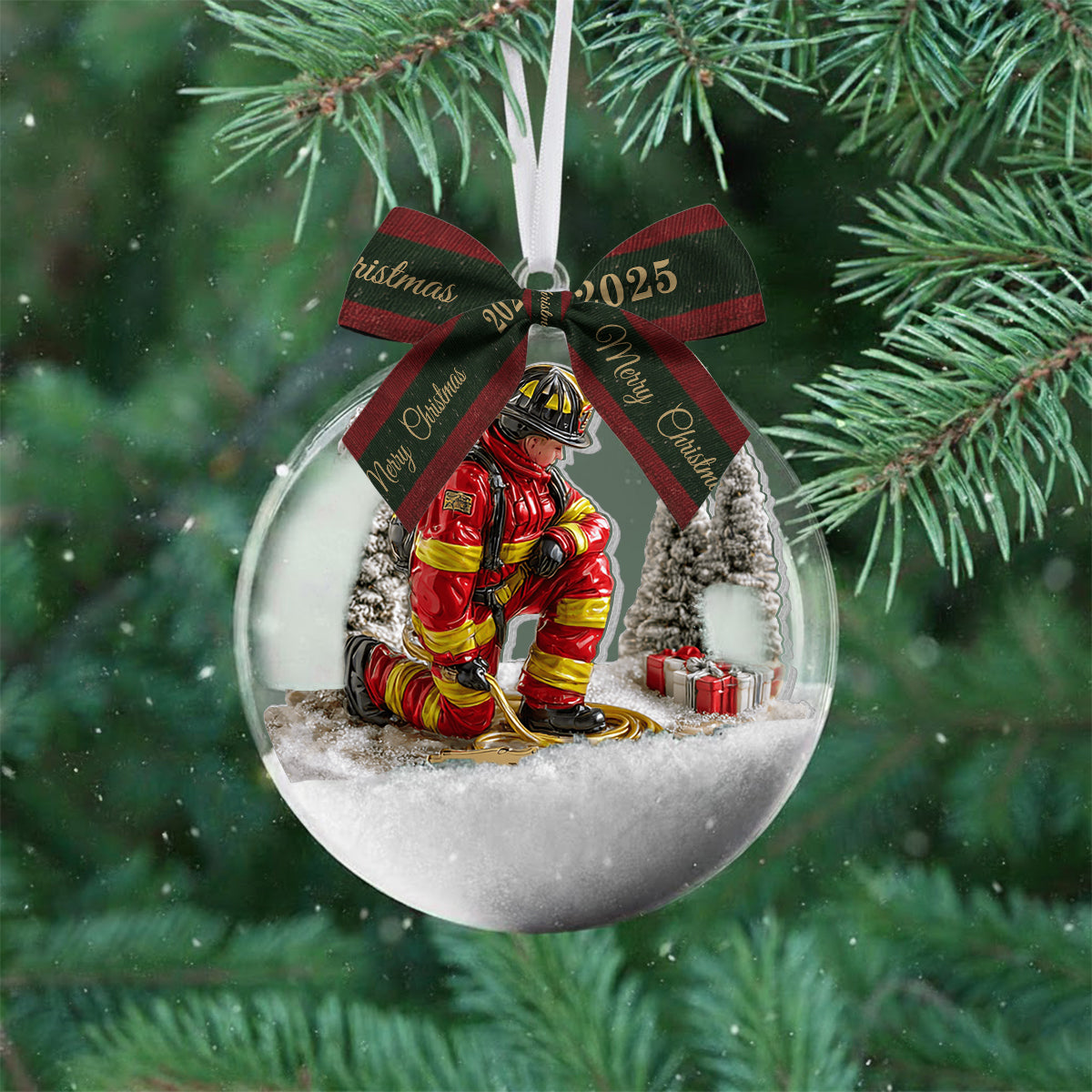 Proud Firefighter - Personalized Firefighter Snow Globe Ornament With Bow