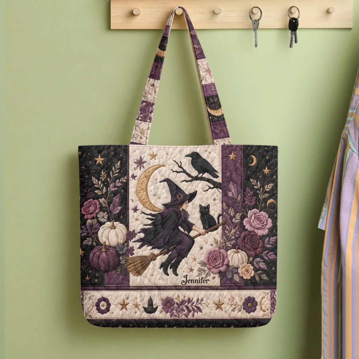 Crescent Moon Crow Witch - Personalized Witch Quilted Tote Bag
