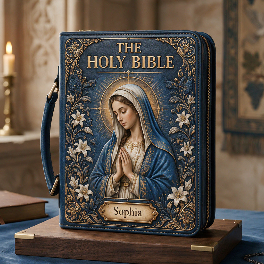 Catholic Mary Design Bible Cover For Women/ Men - Personalized Christian Leather Bible Cover Bag