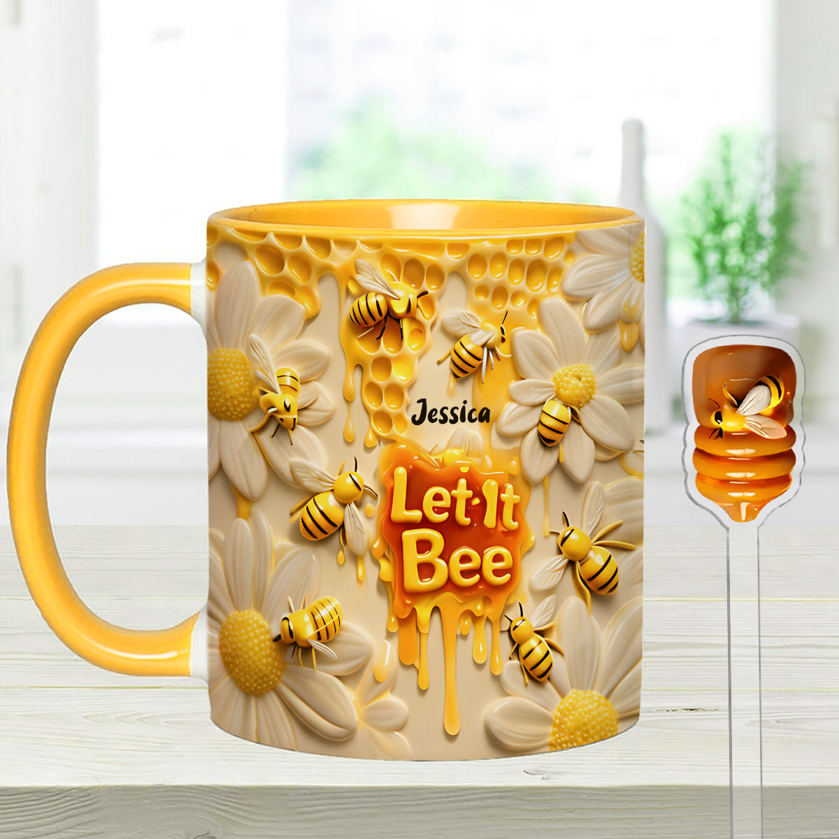 Let It Bee, Bee Flowers - Mug personnalisé avec agitateurs en acrylique