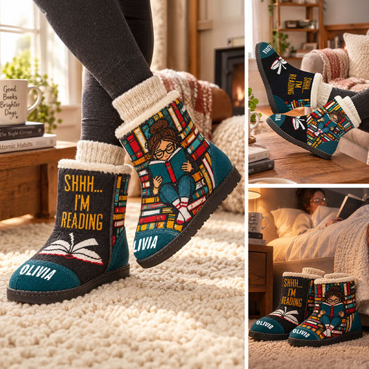 Chut, je lis - Chaussons en fausse fourrure personnalisés
