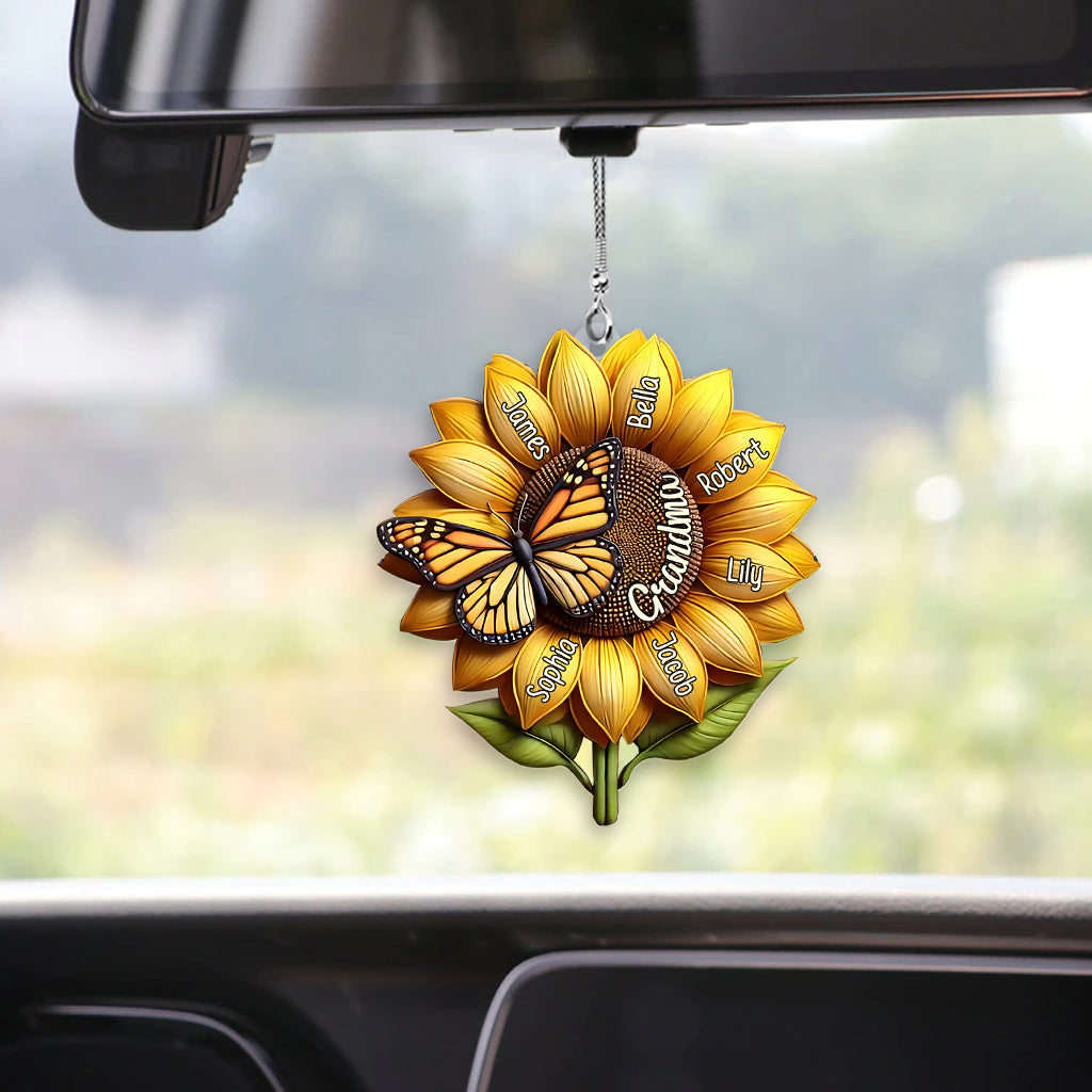 Cadeau tournesol pour grand-mère - Ornement de voiture transparent personnalisé pour grand-mère