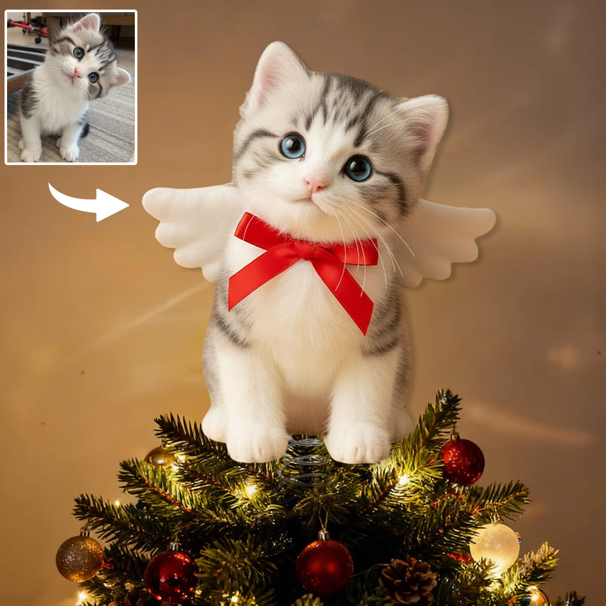 Frohe Weihnachten – Personalisierte LED-Baumspitze mit Katzenmotiv