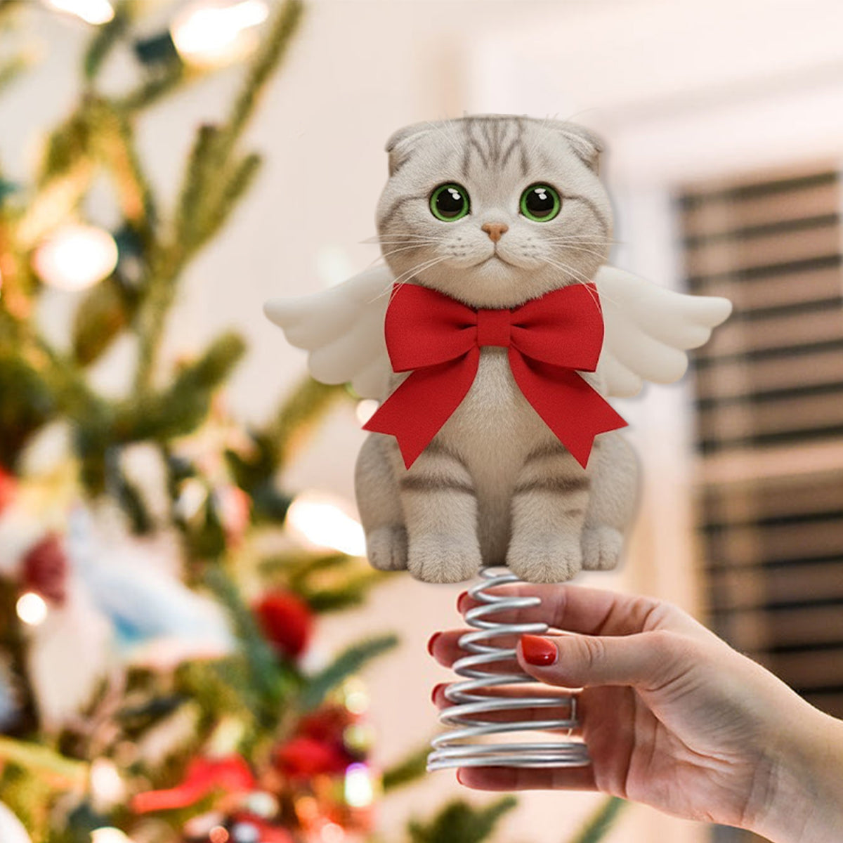Frohe Weihnachten – Personalisierte LED-Baumspitze mit Katzenmotiv