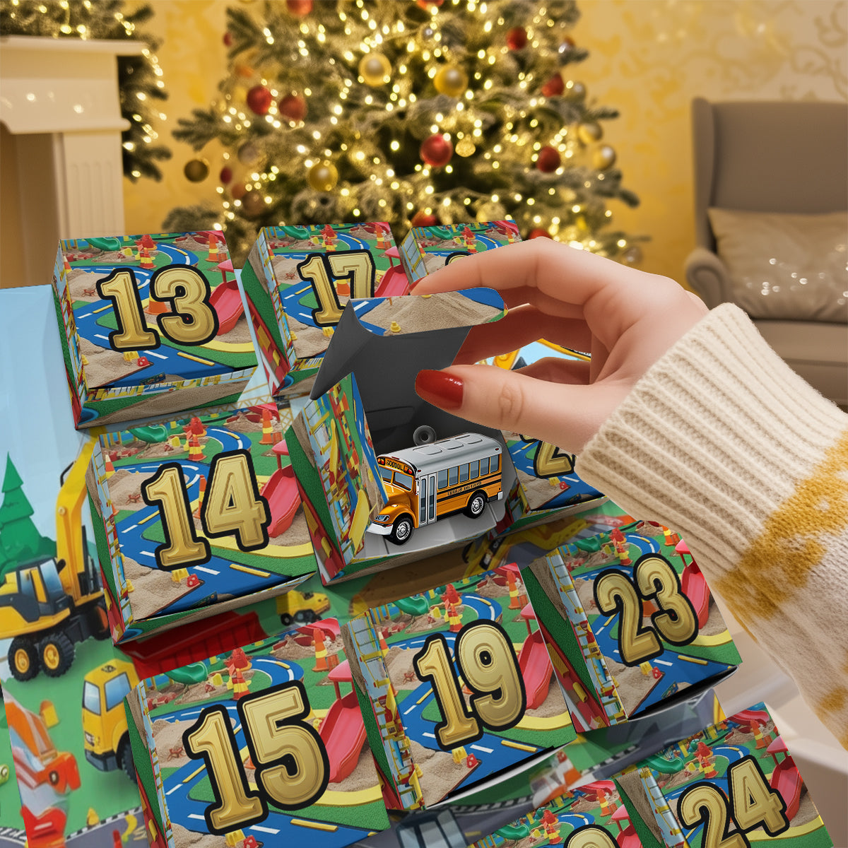 Bauversion – Personalisierter, faltbarer Adventskalender für Kinder mit Ornamenten