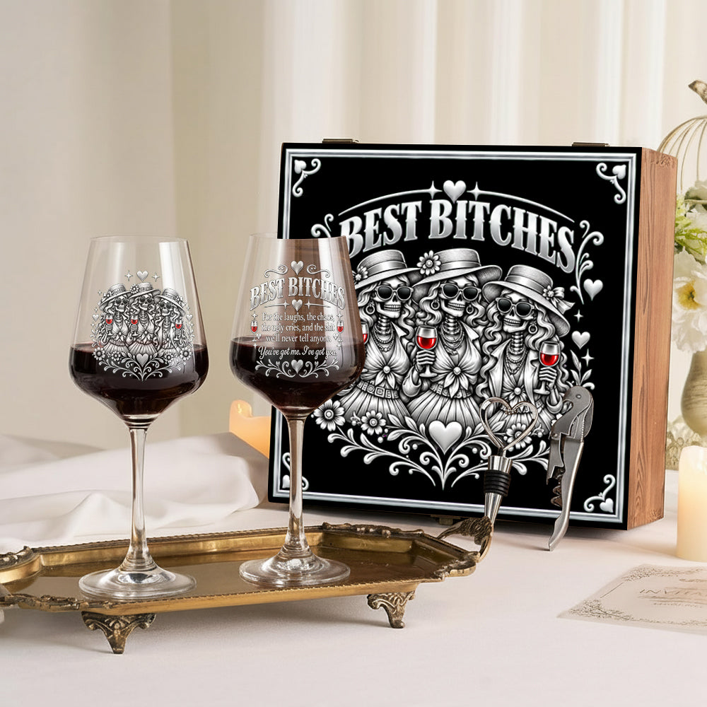 Chaos Together - Personalized Bestie Wine Glasses Set With Wooden Box