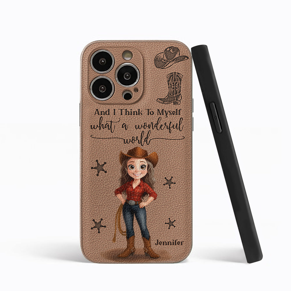 Cowgirl What A Wonderful World - Étui de téléphone en cuir personnalisé Cowgirl