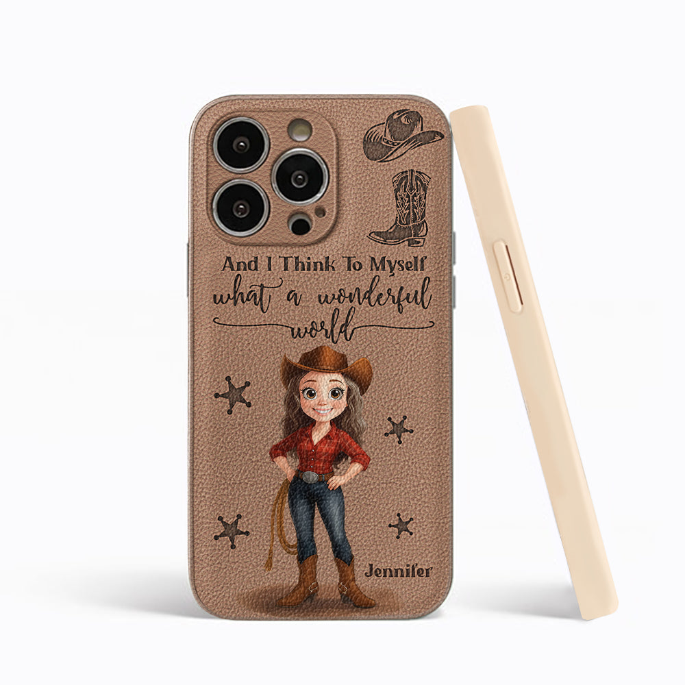 Cowgirl What A Wonderful World - Étui de téléphone en cuir personnalisé Cowgirl