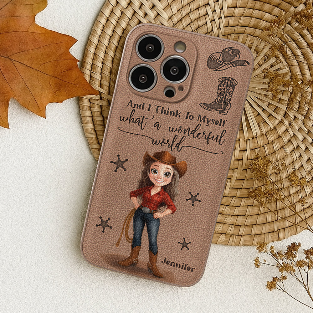 Cowgirl What A Wonderful World - Étui de téléphone en cuir personnalisé Cowgirl