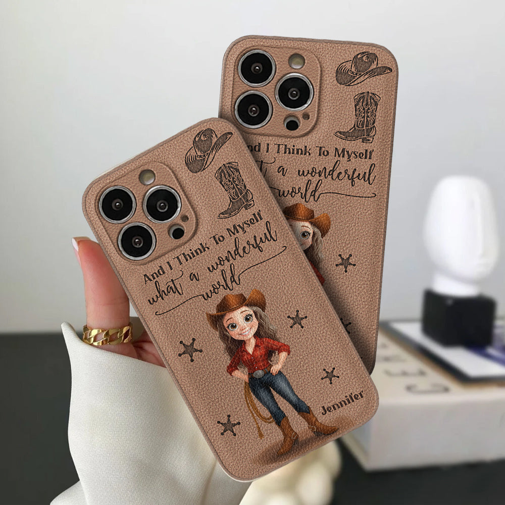 Cowgirl What A Wonderful World - Étui de téléphone en cuir personnalisé Cowgirl