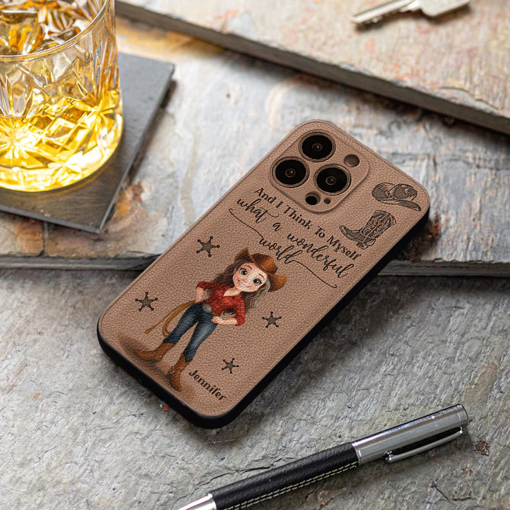 Cowgirl What A Wonderful World - Étui de téléphone en cuir personnalisé Cowgirl