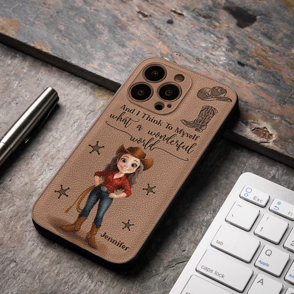 Cowgirl What A Wonderful World - Étui de téléphone en cuir personnalisé Cowgirl