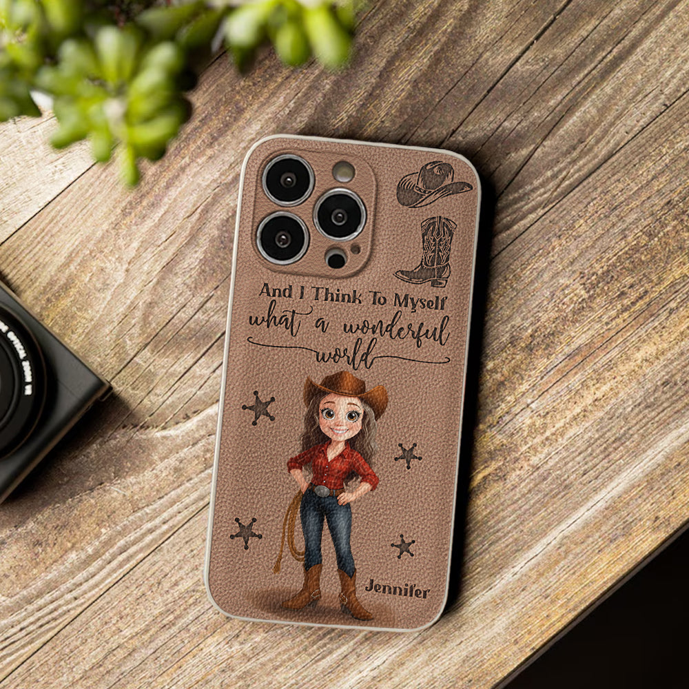 Cowgirl What A Wonderful World - Étui de téléphone en cuir personnalisé Cowgirl