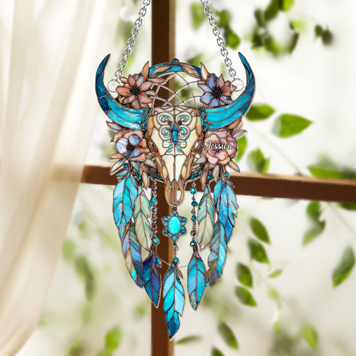 Tête de taureau fleurie - Attrape-soleil personnalisé pour fenêtre, style cowgirl - Ornement décoratif à suspendre - Ornement décoratif attrape-soleil - Crâne de taureau fleuri