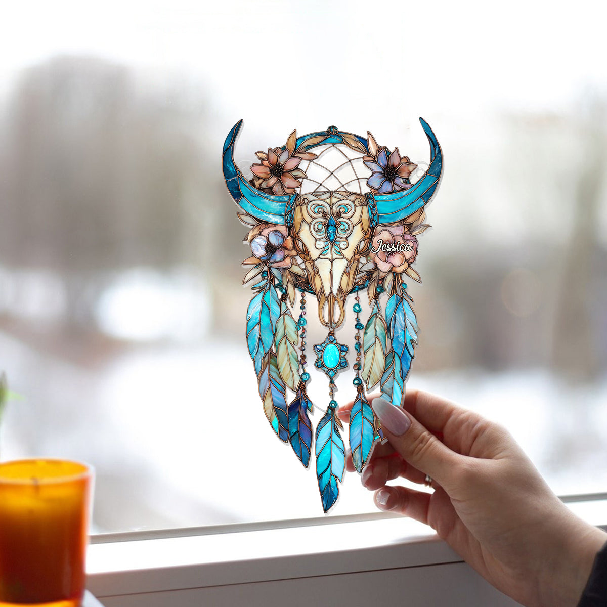 Tête de taureau fleurie - Attrape-soleil personnalisé pour fenêtre, style cowgirl - Ornement décoratif à suspendre - Ornement décoratif attrape-soleil - Crâne de taureau fleuri