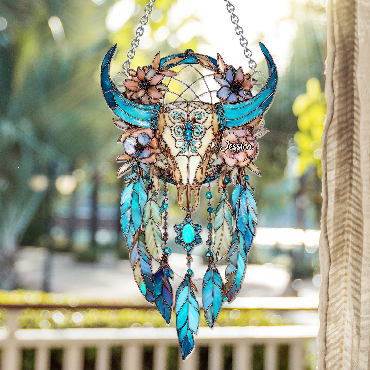 Tête de taureau fleurie - Attrape-soleil personnalisé pour fenêtre, style cowgirl - Ornement décoratif à suspendre - Ornement décoratif attrape-soleil - Crâne de taureau fleuri