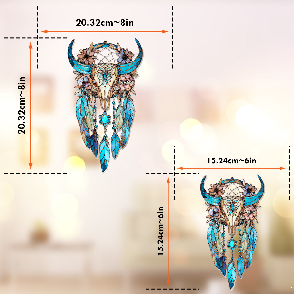Tête de taureau fleurie - Attrape-soleil personnalisé pour fenêtre, style cowgirl - Ornement décoratif à suspendre - Ornement décoratif attrape-soleil - Crâne de taureau fleuri