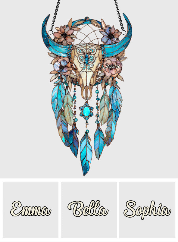Tête de taureau fleurie - Attrape-soleil personnalisé pour fenêtre, style cowgirl - Ornement décoratif à suspendre - Ornement décoratif attrape-soleil - Crâne de taureau fleuri