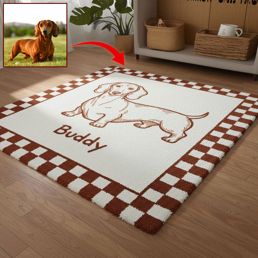 Individuell gestalteter, ausgefallener Haustierteppich im minimalistischen Stil mit schlechter Zeichnung – Retro-Geschenkidee für Haustiere – Personalisierter, rutschfester, getufteter Hundeteppich