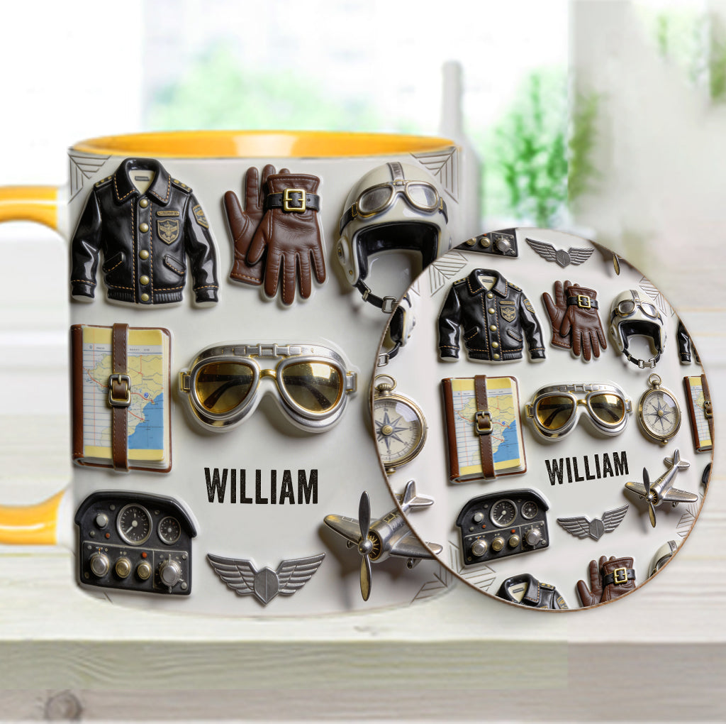 Taste Flight – Personalisierte Tasse und Untersetzer mit Pilotenmotiv