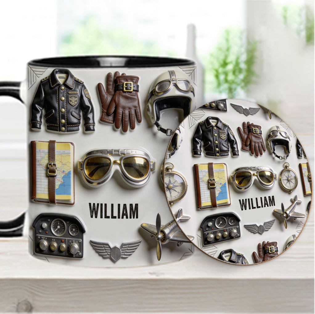 Taste Flight – Personalisierte Tasse und Untersetzer mit Pilotenmotiv