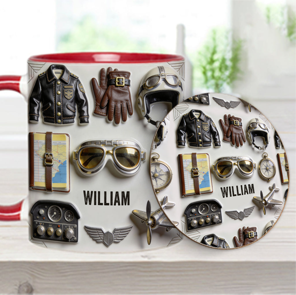 Taste Flight – Personalisierte Tasse und Untersetzer mit Pilotenmotiv