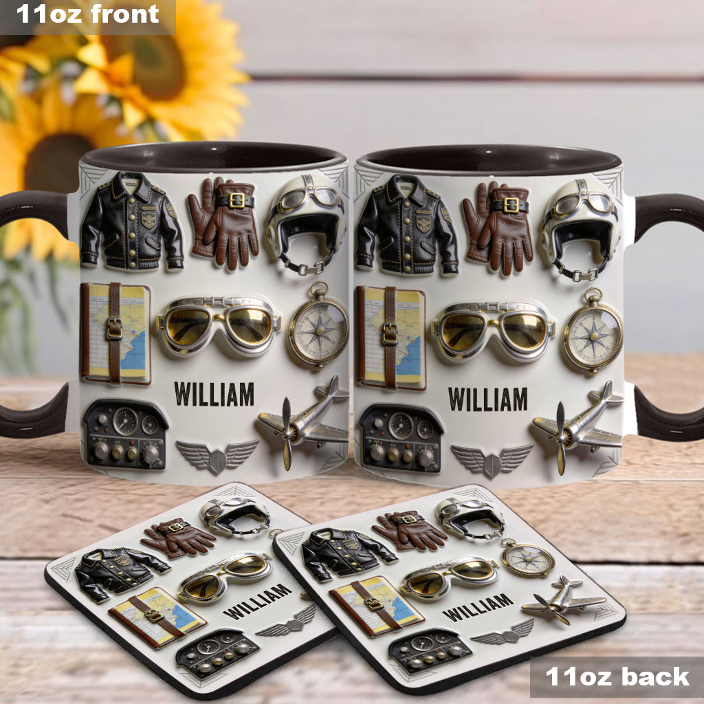 Taste Flight – Personalisierte Tasse und Untersetzer mit Pilotenmotiv