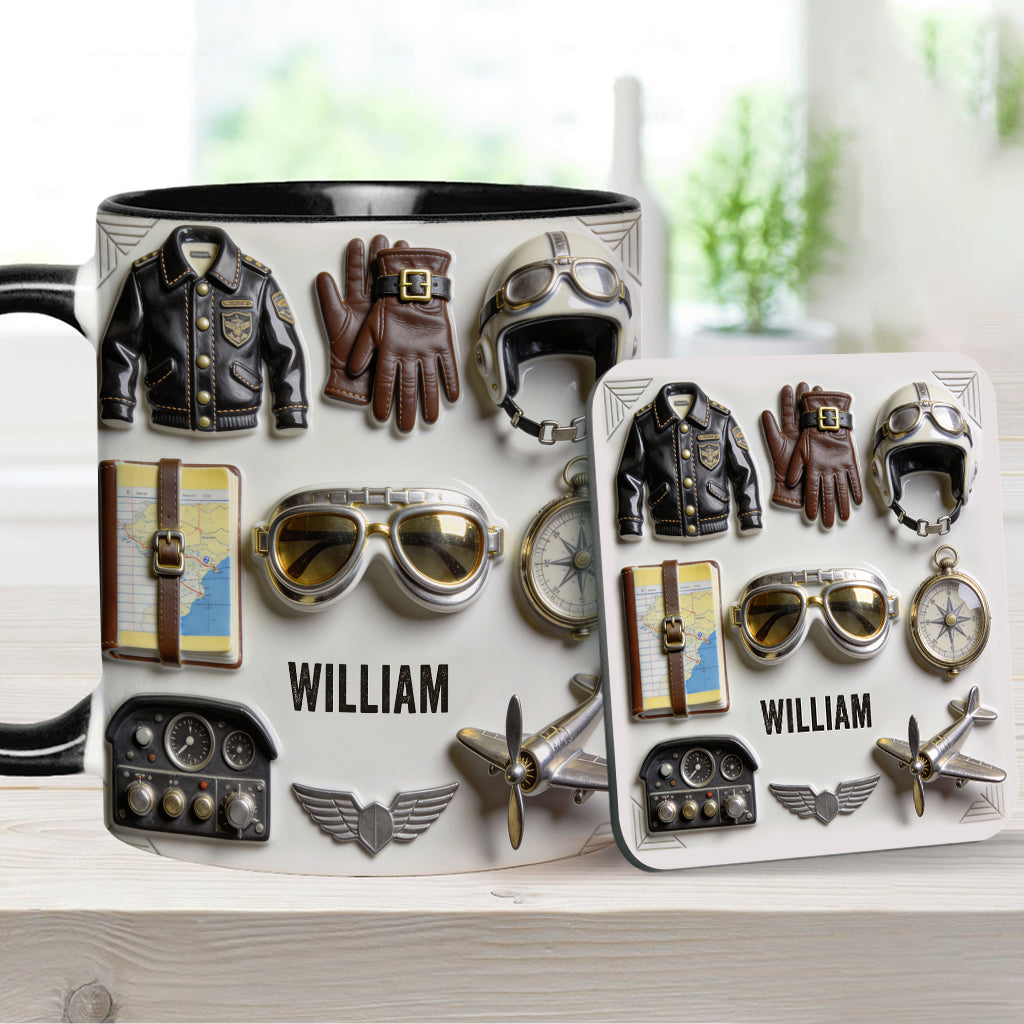 Taste Flight – Personalisierte Tasse und Untersetzer mit Pilotenmotiv