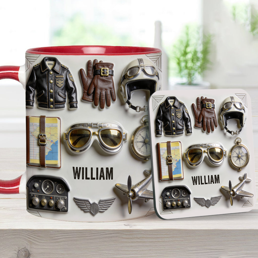 Taste Flight – Personalisierte Tasse und Untersetzer mit Pilotenmotiv