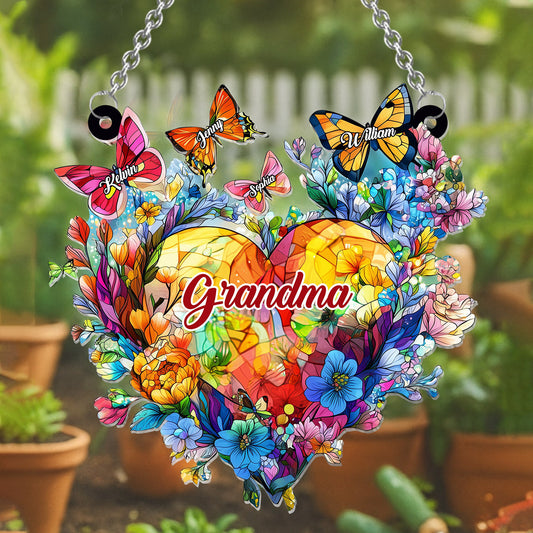 Grandma Mom Flower Heart And Butterflies - Personalized Grandma Window Hanging Suncatcher Ornament