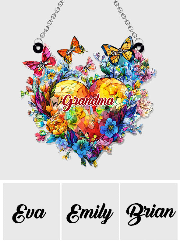 Grandma Mom Flower Heart And Butterflies - Personalized Grandma Window Hanging Suncatcher Ornament