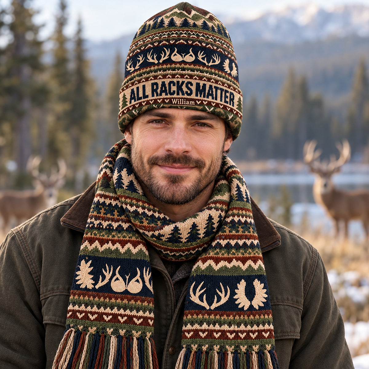 Funny Hunting - Personalized Hunting Knitted Beanie Hat and Scarf Set