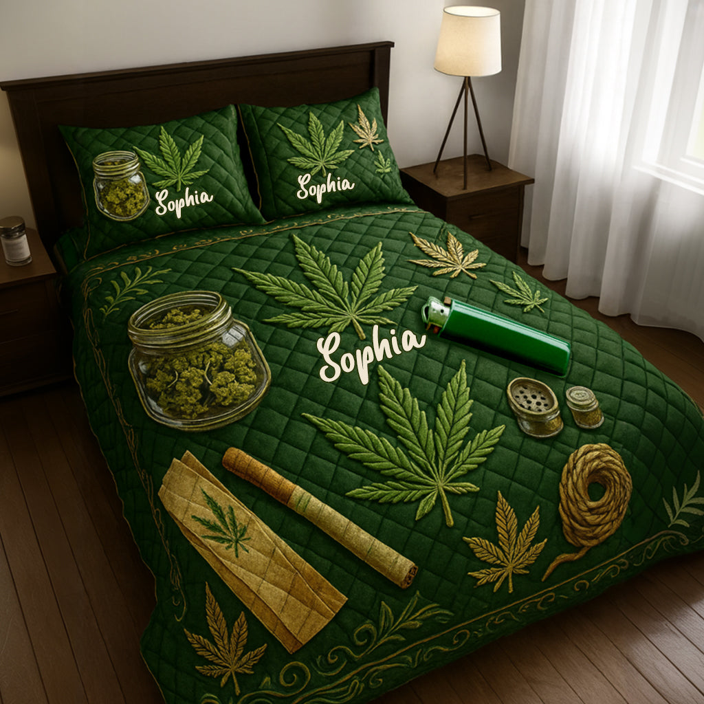 Feuille magique verte et rose - Ensemble de courtepointe personnalisé sur le thème des mauvaises herbes