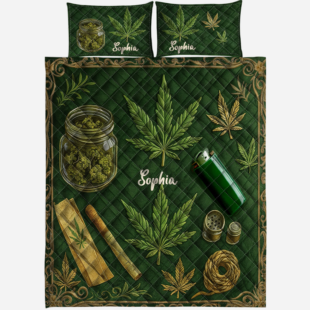 Feuille magique verte et rose - Ensemble de courtepointe personnalisé sur le thème des mauvaises herbes