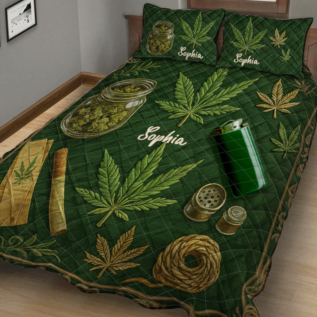Feuille magique verte et rose - Ensemble de courtepointe personnalisé sur le thème des mauvaises herbes