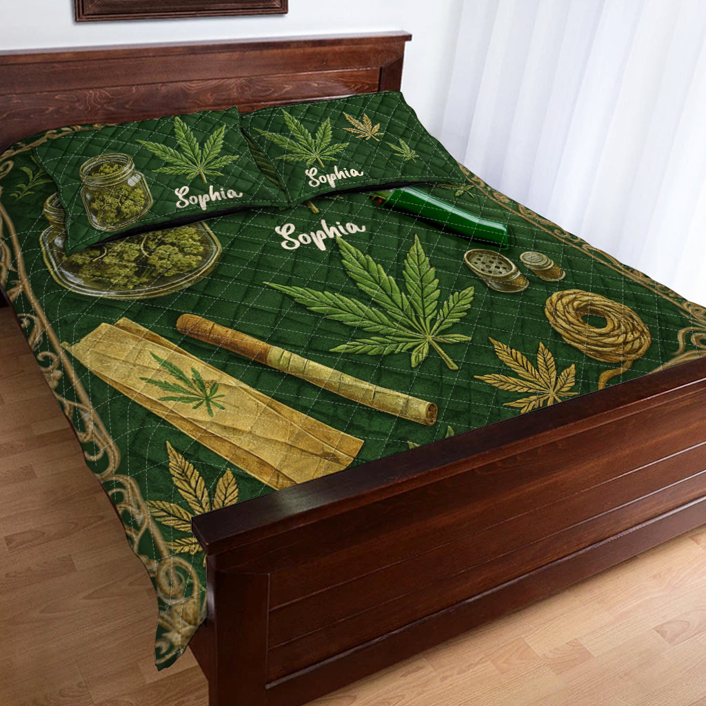 Feuille magique verte et rose - Ensemble de courtepointe personnalisé sur le thème des mauvaises herbes