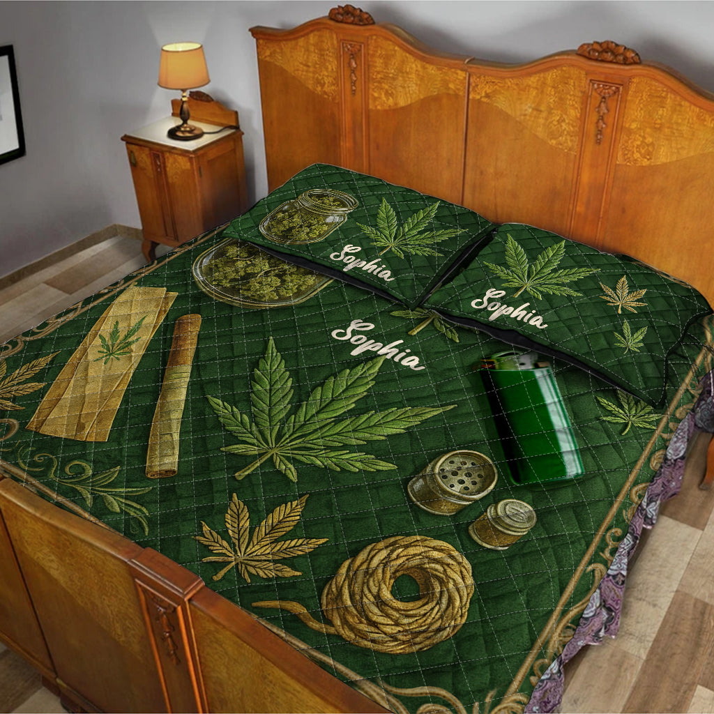Feuille magique verte et rose - Ensemble de courtepointe personnalisé sur le thème des mauvaises herbes