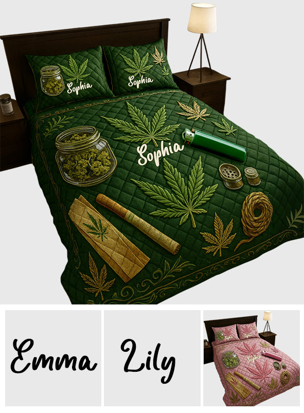 Feuille magique verte et rose - Ensemble de courtepointe personnalisé sur le thème des mauvaises herbes