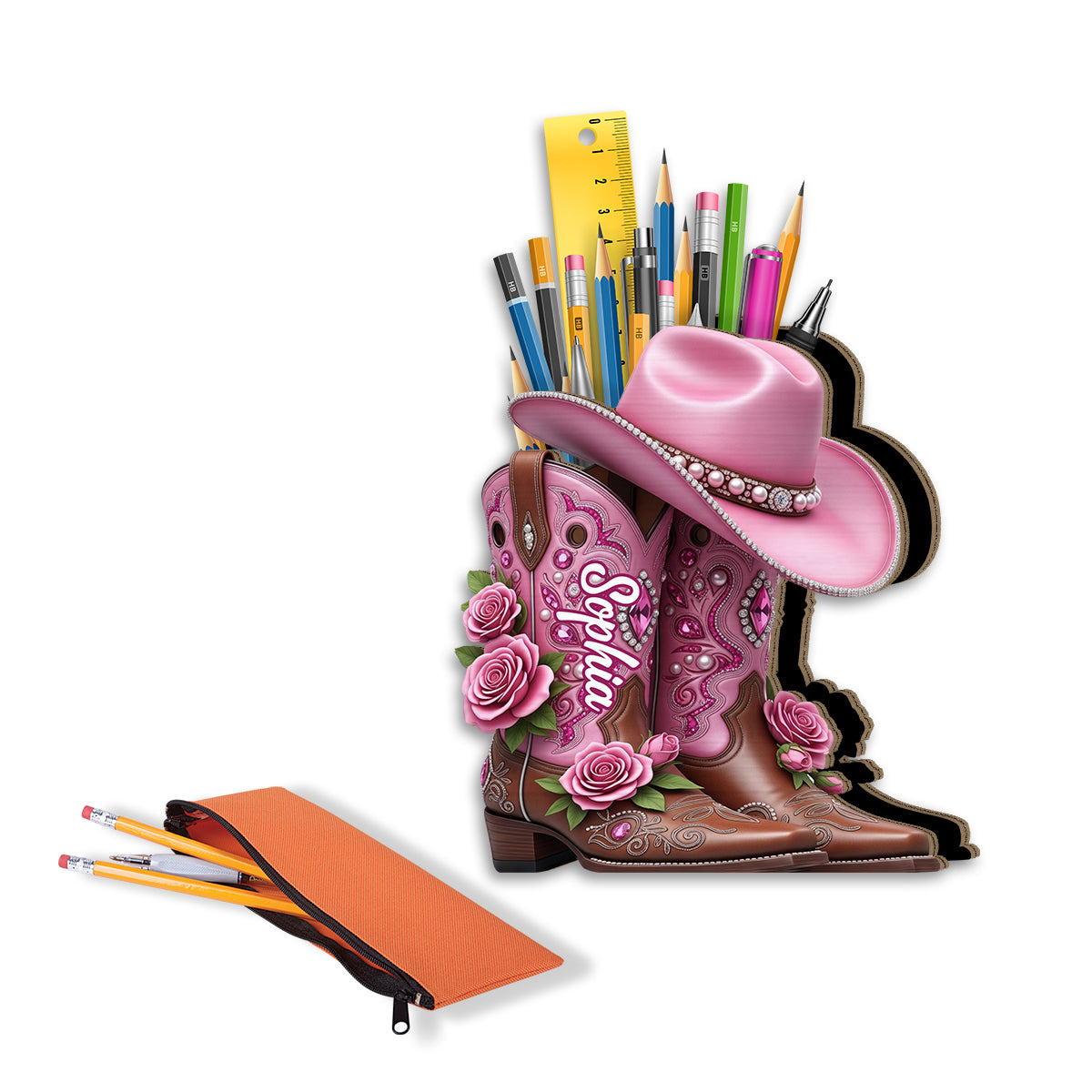 Cowgirl-Stiefel – Personalisierter Schminkpinselhalter aus Holz im Cowgirl-Stil
