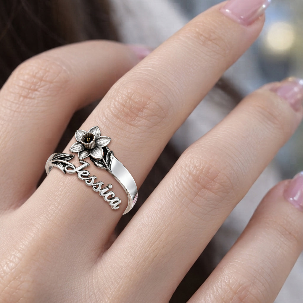 Customize With Any Flower & Name - Personalized Self Love Adjustable Shaped Ring