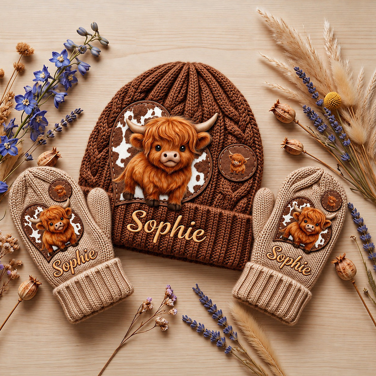 Cute Highland Cow - Personalized Highland Cow Beanie Hat & Knitted Mittens