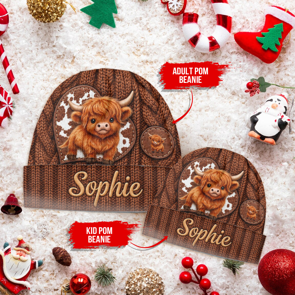 Cute Highland Cow - Personalized Highland Cow Beanie Hat & Knitted Mittens