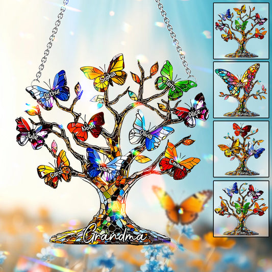 Grandma Mom Butterfly Tree - Personalized Grandma Window Hanging Suncatcher Ornament
