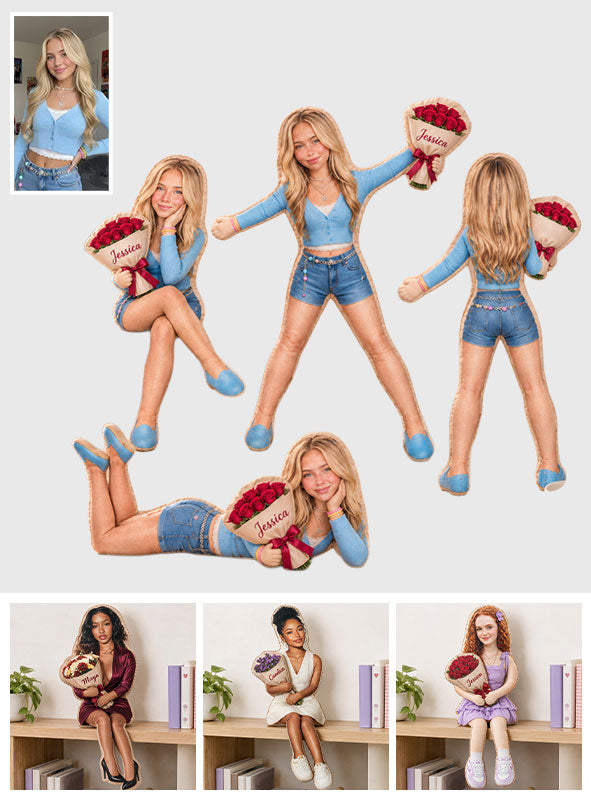 Custom Any Photo With Flower - Personalized Birth Month Flower Posable Plush Doll