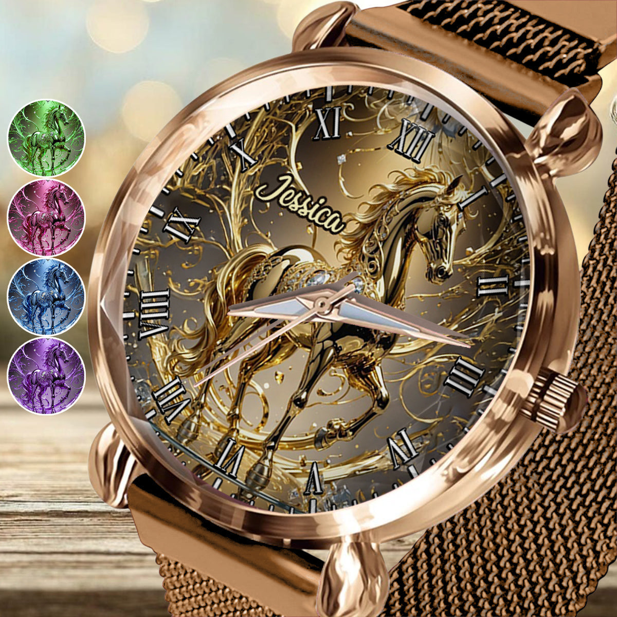 Liebe zum Pferd – Personalisierte Damen-Handuhr mit Pferdemotiv 
