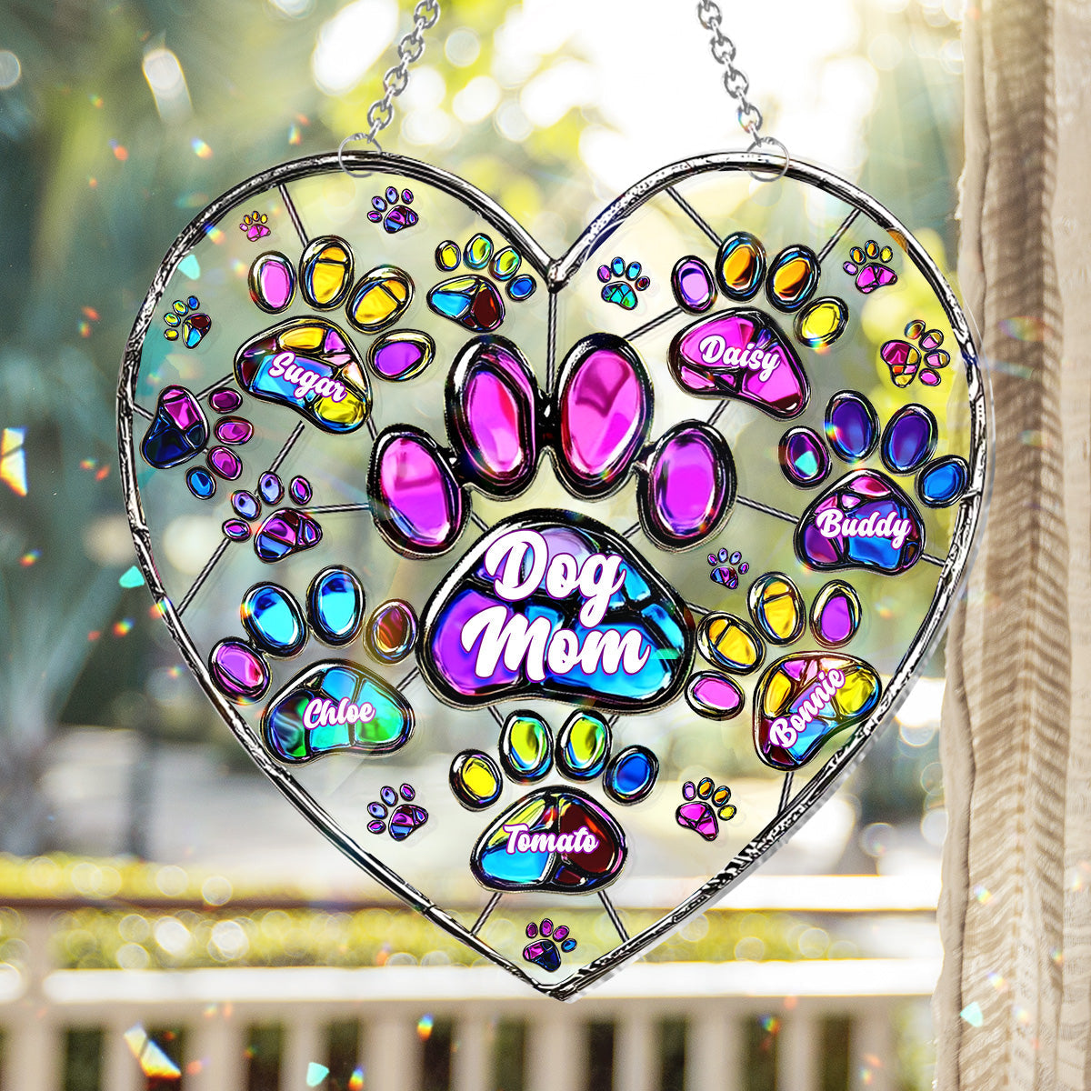 Colorful Heart Paw Dog Mom - Personalized Dog Window Hanging Suncatcher Ornament