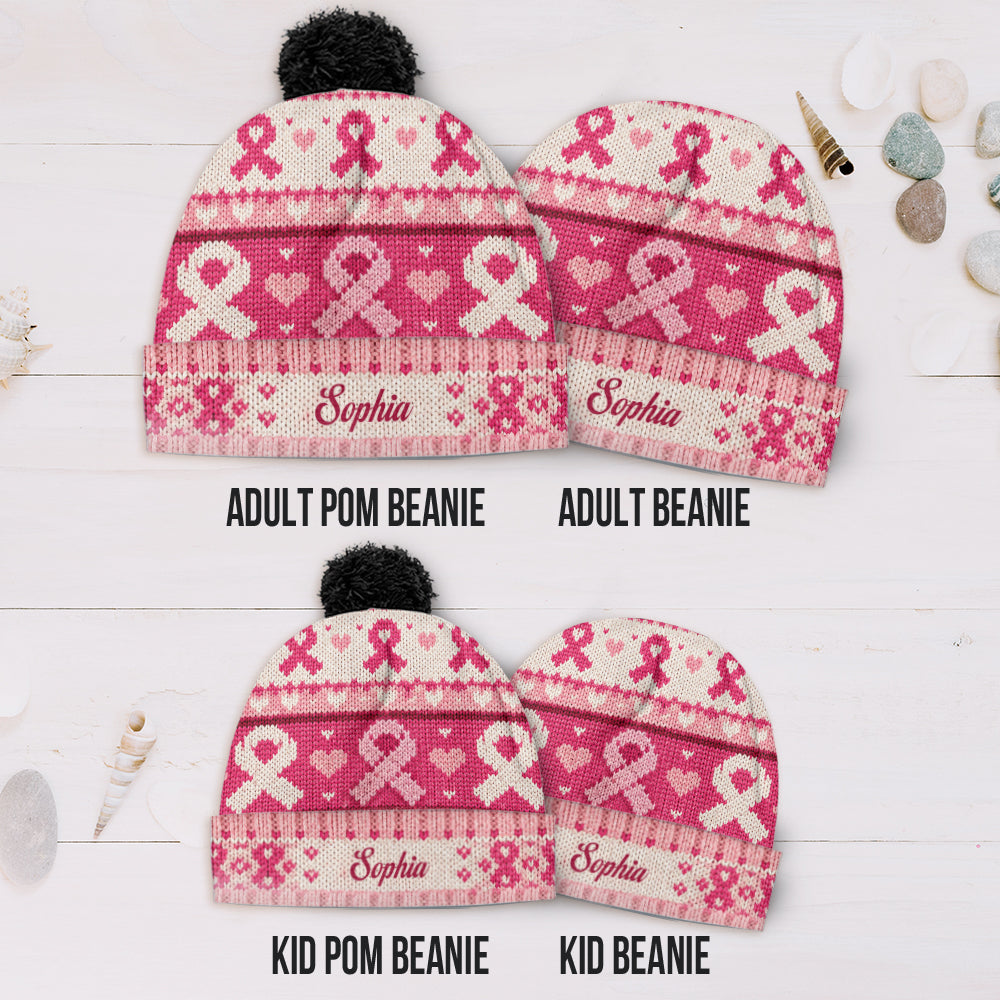 Pink Ribbon Love & Hope - Personalized Breast Cancer Awareness Beanie Hat